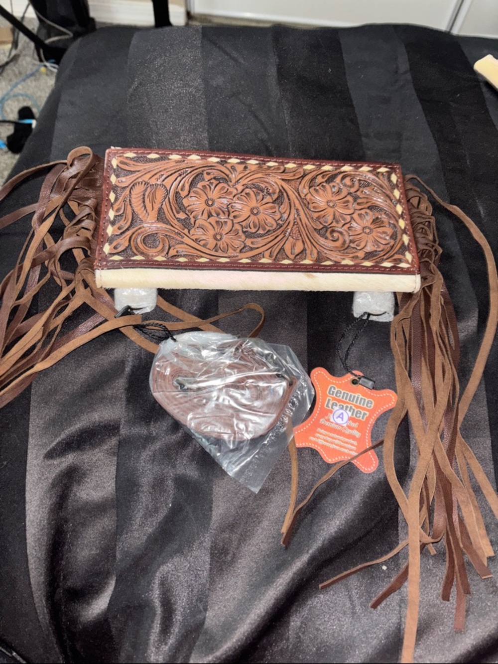 New Western Tooled Floral Leather Fringe Crossbody - Brown